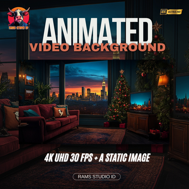 街並みビュー付きクリスマス装飾リビングルームのアニメーション背景 ― シームレス配信背景 | Animated Background of Christmas Living Room Decoration witch City View – Seamless Streaming Backdrop
