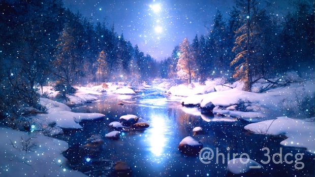 背景ループ素材】雪の降る幻想的な冬の森ループ素材 川 クリスマス
