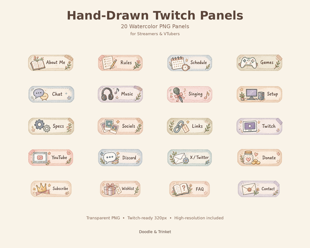 手描き風 Twitchパネル 20種セット｜水彩・透過PNG｜配信者・VTuber向け