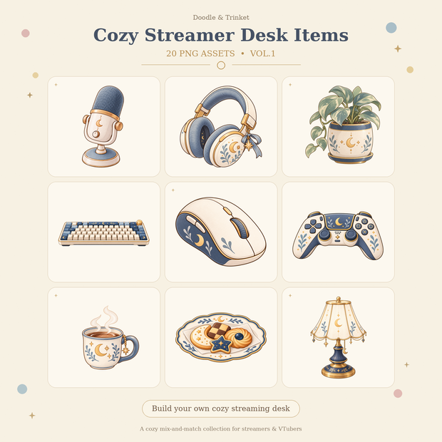 【配信素材】Cozy Streamer Desk Items Vol.1｜配信デスク小物20種・背景透過PNG