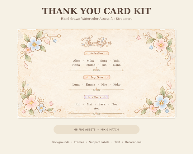【配信者向け】Thank You Card Kit｜手描き水彩サンクスカード素材 68点セット｜透過PNG