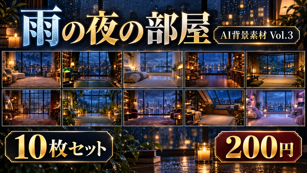 使えるAI背景素材 Vol.3雨の夜の部屋 10枚セット