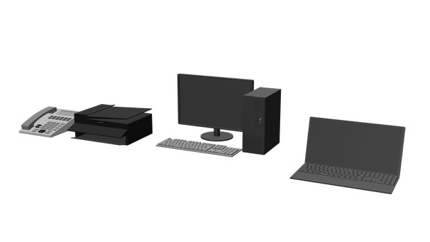 【VRChat想定】OA機器セット（ノートパソコン、デスクトップPC、プリンター、固定電話）【fbxモデル】