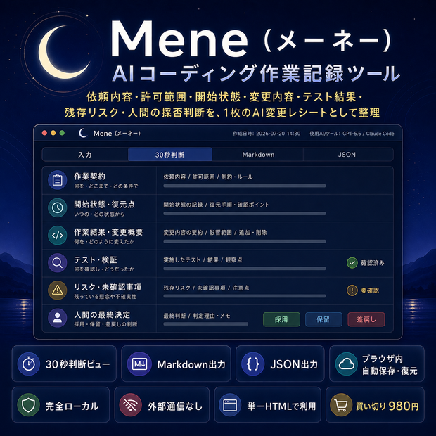 Mene（メーネー）｜AIコーディング作業記録ツール