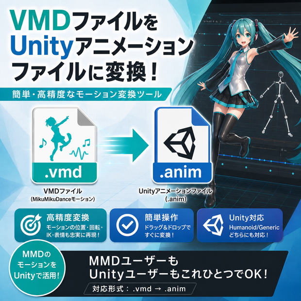 vmdファイルからunityアニメーションファイルに変換するやつ