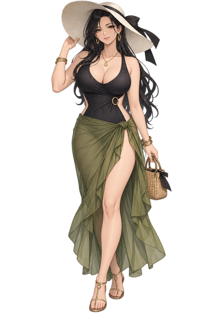 【AI生成・夏の立ち絵】黒曜リゾートの女主人セレスト｜全身透過PNG 1点