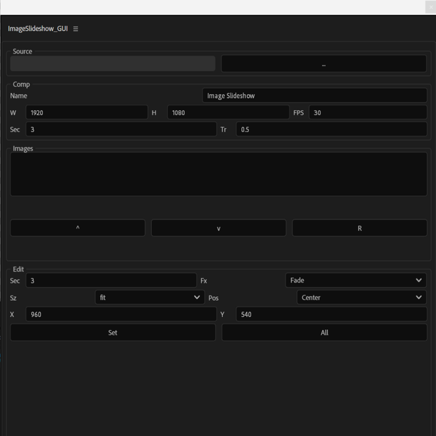 AFterEffects上で簡単な設定でスライドショーを作れる ImageSlideshow_GUI