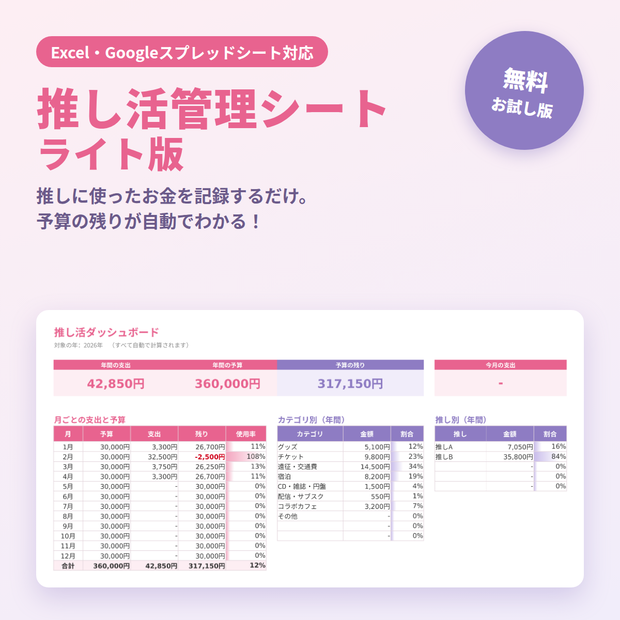 【無料】推し活管理シート ライト版｜Excel・スプレッドシート対応