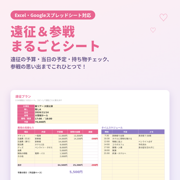 【Excel・スプレッドシート対応】遠征＆参戦まるごとシート｜遠征費・持ち物チェック・参戦記録