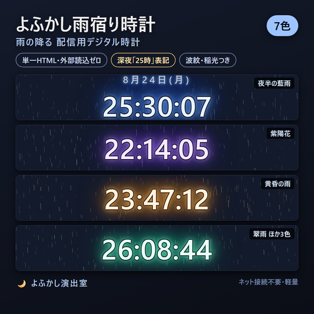 【一部無料】よふかし雨宿り時計 7色SET ─ 雨の降る配信用デジタル時計【OBS対応・単一HTML】