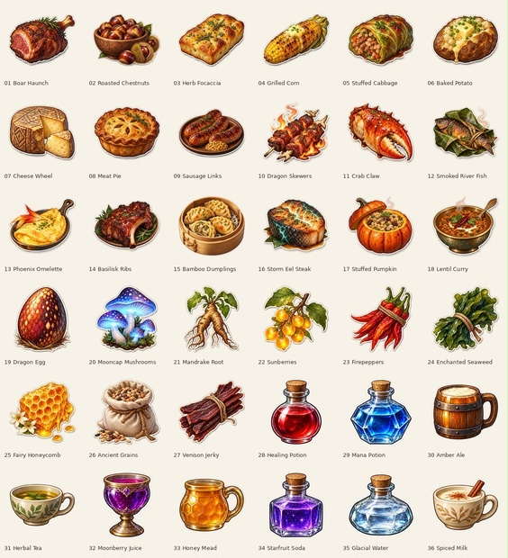 冒険者のごはん｜ファンタジーRPGフードミニ素材 36点【透過PNG】