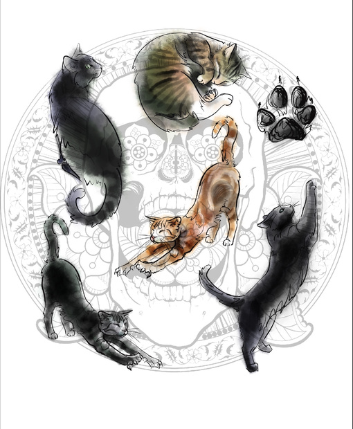 【高解像度PNG】水彩インク猫のタトゥーフラッシュ・デザイン素材集 / Aesthetic Watercolor Cat Tattoo Flash & Clip Art Set