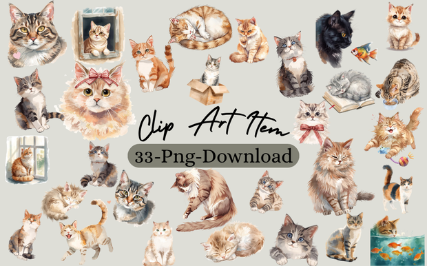 水彩画風　クリップアート猫　33枚セットPNG　/Watercolor Style Cat Clipart Set – 33 PNG Images