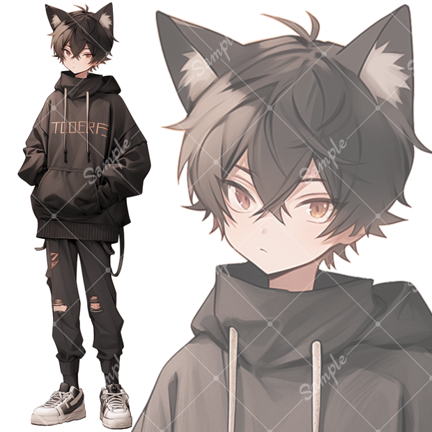 全身立ち絵素材99 黒猫 猫耳の男の子