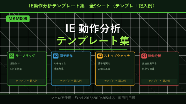 IE動作分析テンプレート集【Excel】- サーブリッグ・両手動作・ストップウォッチ・稼働分析 記入例付き 全9シート