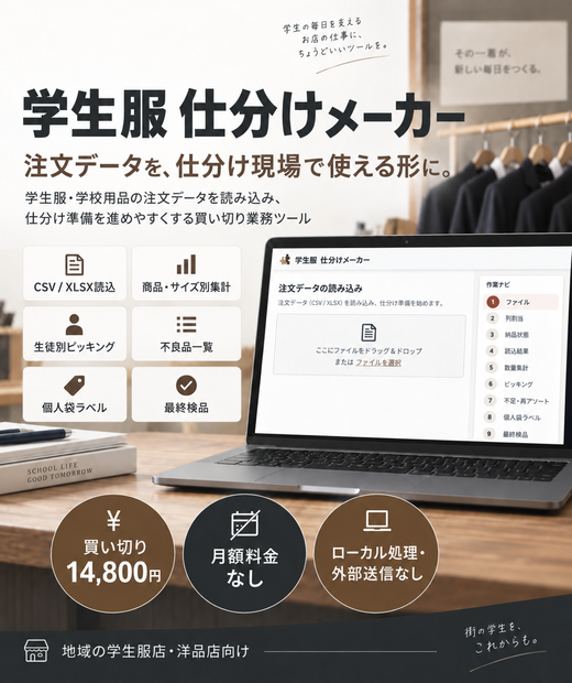 学生服 仕分けメーカー｜制服注文データの個人別仕分け・不足管理・袋ラベル