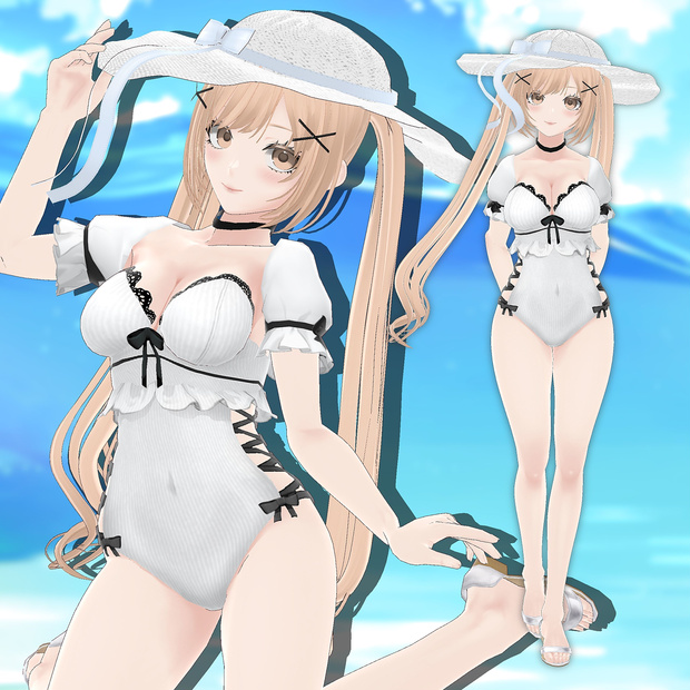 【2way】編み上げフリル水着＆リボンバニー【Vroid】