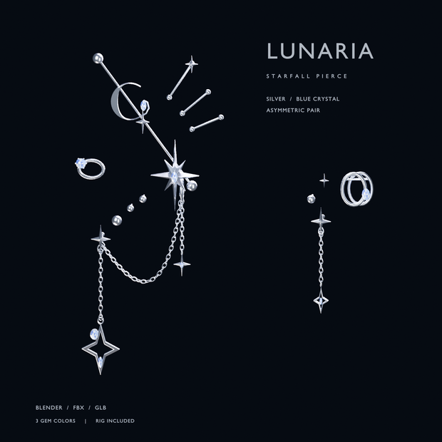 【無料 / VRChat向け素材】LUNARIA｜星と月のチェーンピアス【左右セット・3色・Blender / FBX】