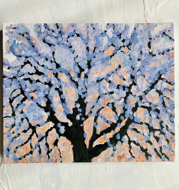 22×27㎝「朝の桜　2025.1-2」油彩・原画・F3 22×27㎝「朝の桜 2025.1-2」油彩・原画・F3 - かいがのみせ