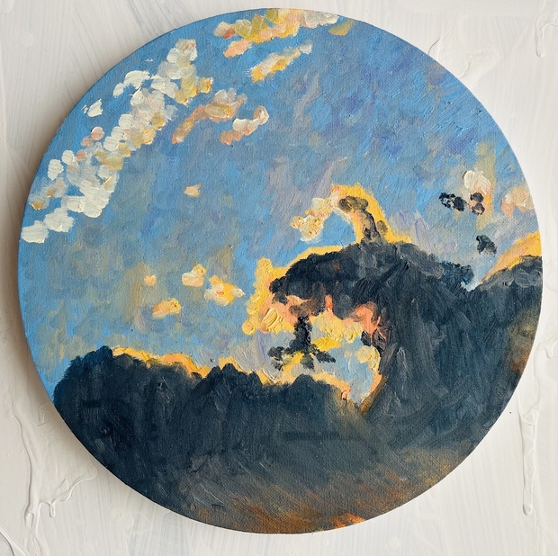 直径30㎝「朝の空　20252」油彩・絵画・原画・丸形・アートパネル 直径30㎝「朝の空 20252」油彩・絵画・原画・丸形・アートパネル