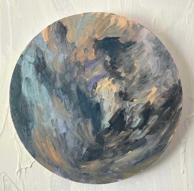 直径30㎝「画家の家の上空３」油彩・絵画・原画・丸形・アートパネル 直径30㎝「画家の家の上空3」油彩・絵画・原画・丸形・アートパネル