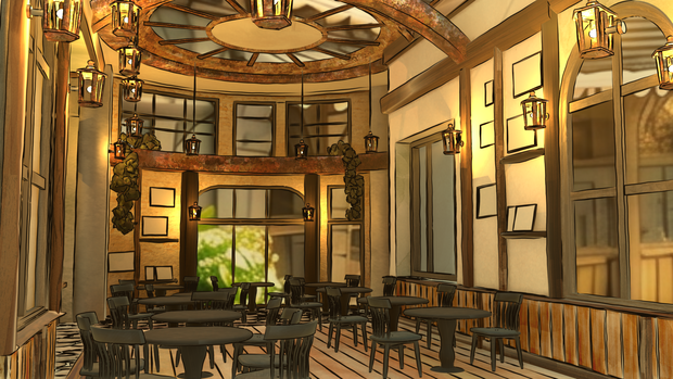 水彩風3D背景素材 異世界カフェ☕【昼・夕方・夜 HDRI切替】Blender対応