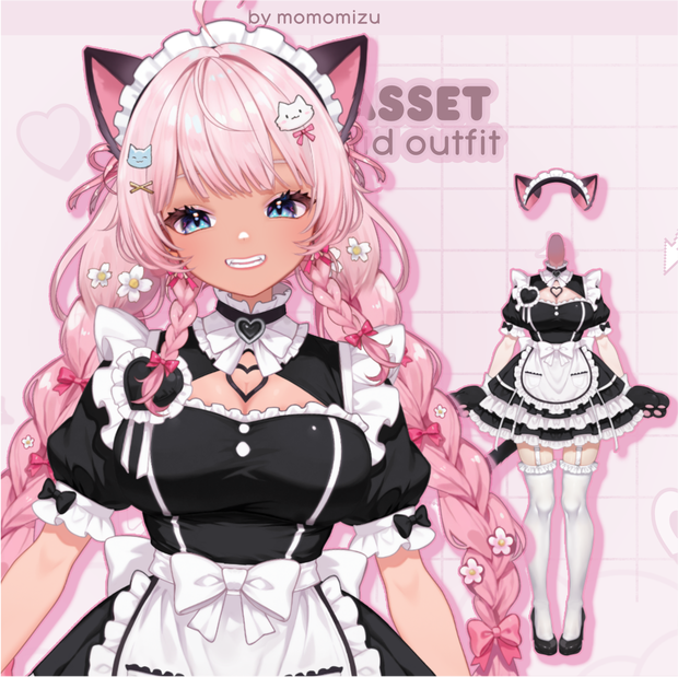 ブラックキャットメイドVtuber衣装 – リグ済みカスタマイズ可能ボディアセット