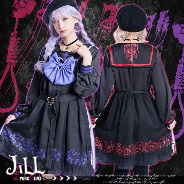 Jillpunkオリジナルkeraアニメファンタジー ホーリー レクイエムセーラー水兵服ベルト付き楽譜柄ワンピースドレス Cosplayレディースv系 姫系ゴシックロリータ おしゃれ可愛い萌え Jillpunk Booth