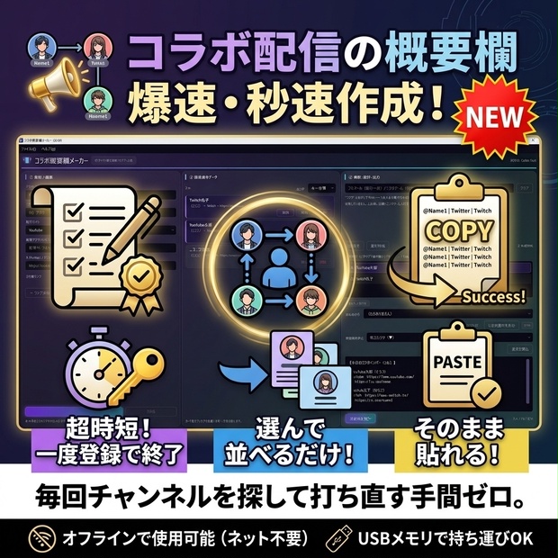 【秒速作成】コラボ概要欄メーカー ｜選んで並べるだけで完成！配信準備の手間をゼロにする神ツール✨【VTuber・配信者必見】🎁【無料体験版あり】