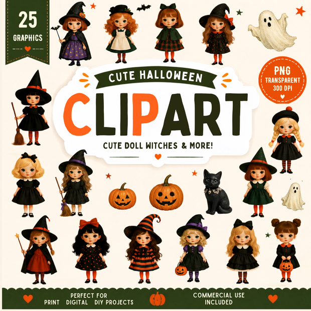 【商用利用可】ハロウィン 魔女っ子ドールのクリップアート 25種セット（背景透過PNG）