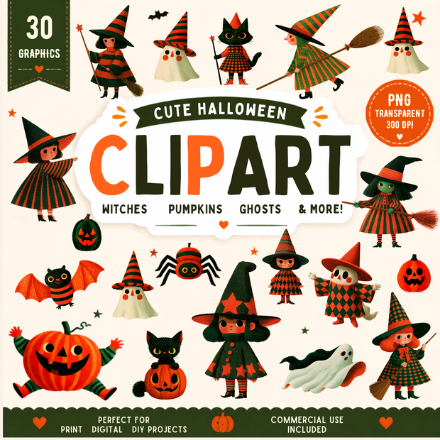 【商用利用可】ポップなハロウィン 魔女っ子とおばけのクリップアート 30種セット（背景透過PNG）