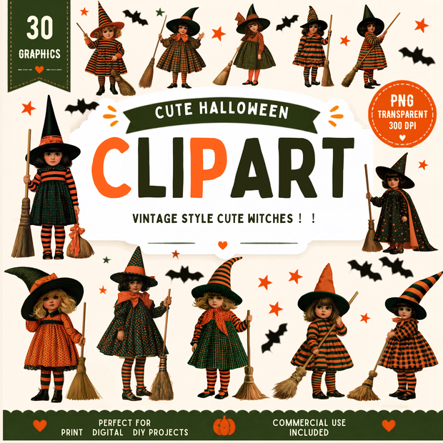 【商用利用可】ヴィンテージ風レトロ魔女っ子ハロウィン クリップアート 30種セット（背景透過PNG）