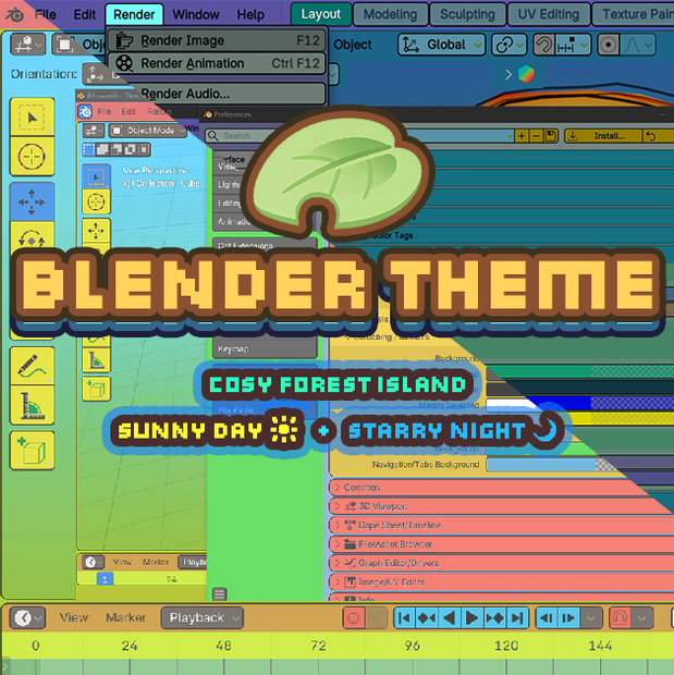 【Blender 4.5/5.1】Cozy Island UI (Crossing Horizons Day & Night) テーマ / Theme