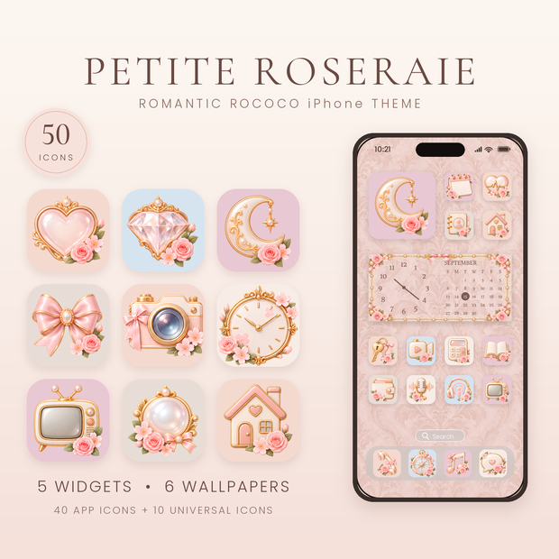 ピンクのiPhoneアイコン・ホーム画面カスタマイズセット｜壁紙6枚・ウィジェット5種｜Petite Roseraie