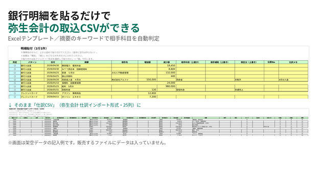 銀行明細を貼るだけで弥生会計の取込CSVを作るExcel（マクロなし・照合表つき）