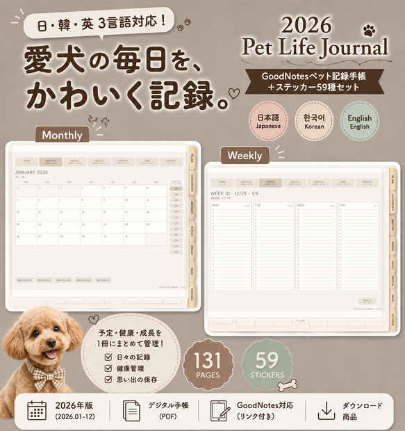 【期間限定590円】【2026年版】Pet Life Journal｜日・韓・英3言語対応 GoodNotesペット記録手帳＋ステッカー59種セット