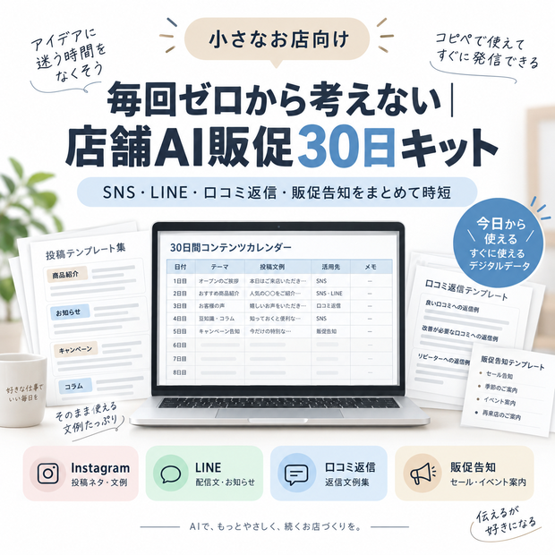 【店舗向け】AI販促30日キット｜Instagram30＋LINE12＋口コミ返信50＋販促告知12＋ChatGPT Prompt