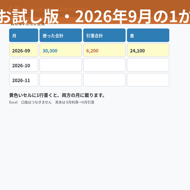 【無料お試し版】口座が減る月と、使った月は別｜1か月分 クレカ エクセル