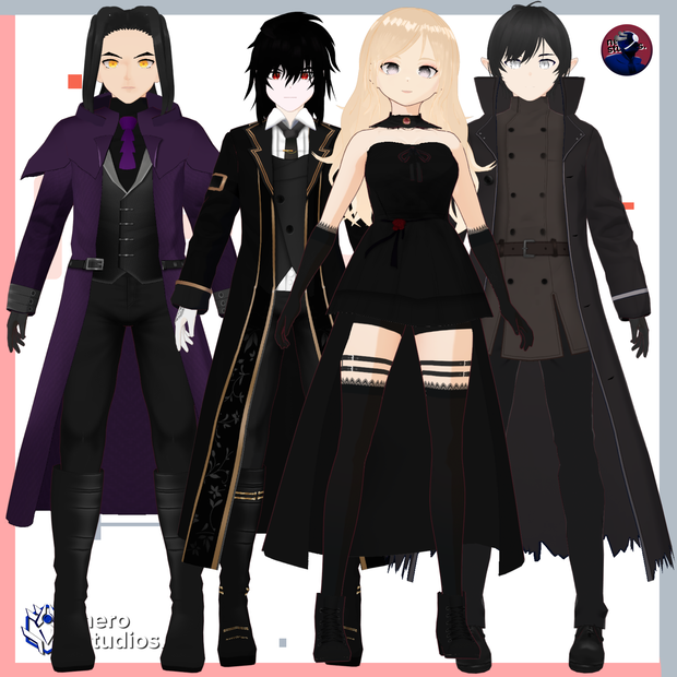 Vampire set Vroid models, Halloween texture and assets presets to use in your own Vroid Studio models / 3Dモデル ヴァンパイア 鬼 サキュバス 黒のドレス ゴシック 髪型のテクスチャ ハロウィン ハロウィンセット