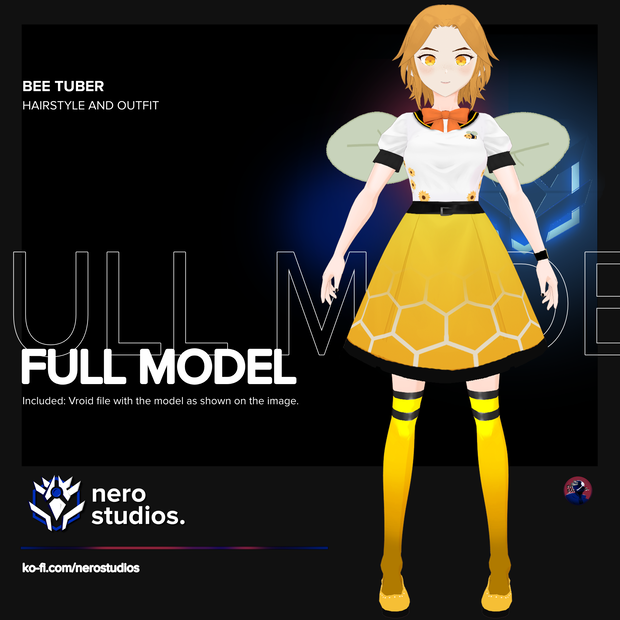 "BEE" TUBER, bee inspired vroid model short hair separate bangs cute yellow dress and socks (Vroid File) / 3D model 蜂 コスプレ 黄色のドレス ストッキング 黄色のストッキング