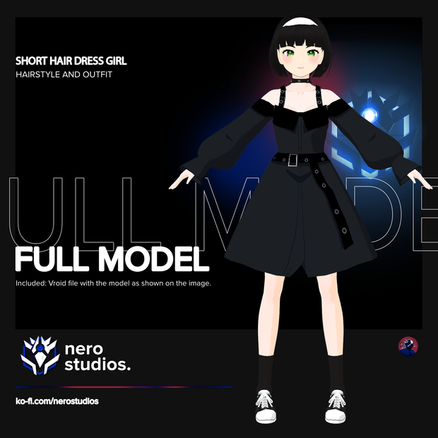SHORT HAIR HEADBAND CUTE LOOSE SHOULDERS DRESS (Vroid file) / ドレス 