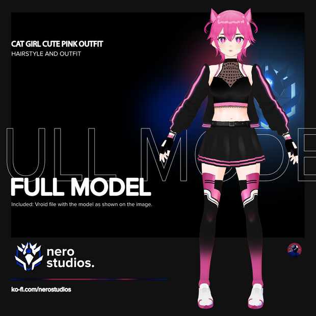 CUTE PINK OUTFIT GLOW CAT GIRL SKIRT AND OPEN LOOSE HOODIE (Vroid file) / キャットガール 猫耳 ネコ
