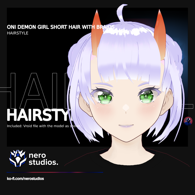 ONI DEMON GIRL SHORT HAIR WITH BRAIDS AND HORNS (VROID FILE) (re-edited) / 鬼 悪魔  紫の髪  角 組み紐 ハロウィン 不気味な