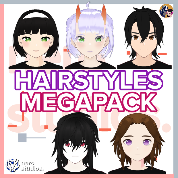 5 VROID HAIRSTYLES SET (5 VROID FILES) / Vtuber hairstyles / Vroid hair assets, short hair textures, hair assets. Horns, vampire hair, ponytail / 髪型 髪 ヘア ポニーテール 3Dモデル