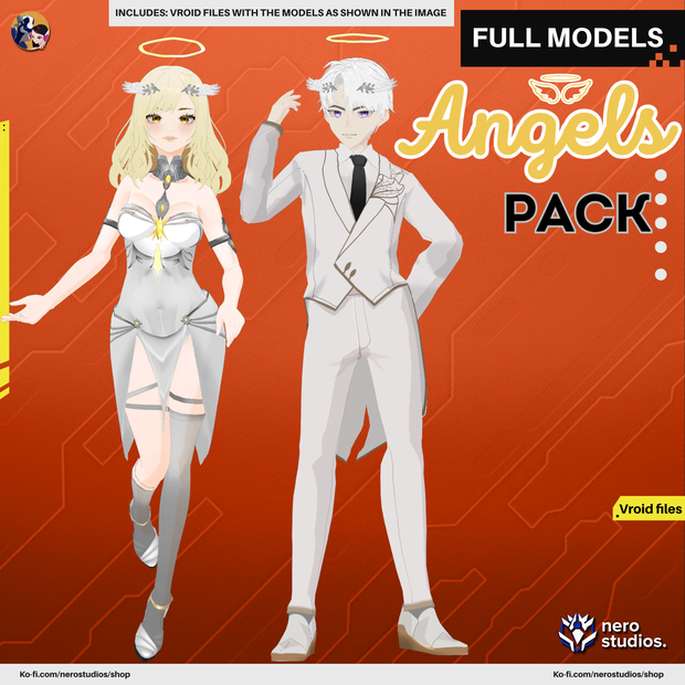 ANGEL SUIT ELEGANT SEXY GIRL AND HANDSOME BOY, WHITE DRESS, WHITE SUIT (VROID FILE) / 3Dモデル (VROIDファイル） エンジェルスーツ エレガントな少年 ハンサム ,  キュート セクシー 白いドレス ストッキング 女神 天使の輪