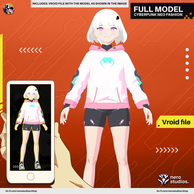 CYBERPUNK NEO FASHION HOODIE MODERN SPORT FIT GIRL SHORT HAIR CUTE HOODIE SHORTS (VROID FILE) サイバーパンク パーカー スポーツウェア 女の子 スニーカー