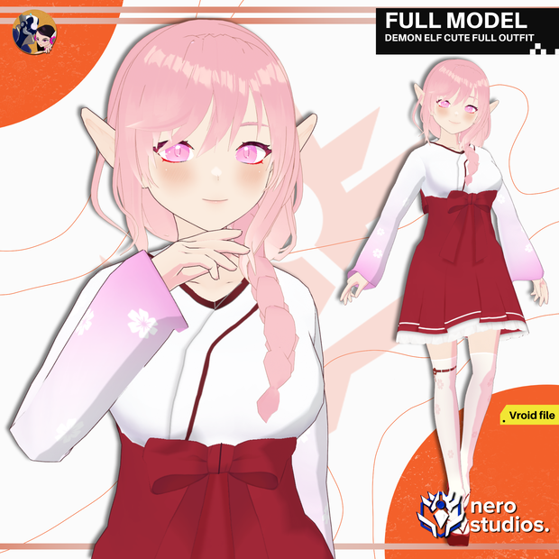 DEMON ELF CUTE FULL OUTFIT SET PRESET HAIRSTYLE BRAID GIRL KIMONO PINK HAIR (VROID FILE) / VRoid用テクスチャ 鬼 エルフ かわいい 女の子 3Dモデル 和服 着物 ドレス ピンク ヘア ストッキング ファンタジー 三つ編み髪