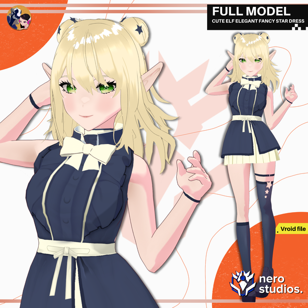 CUTE ELF ELEGANT FANCY STAR DRESS TEXTURE FULL OUTFIT SET PRESET HAIRSTYLE (VROID FILE) / セレスティア   かわいい エルフ ファンタジー 星 ドレス エレガント 3DCG 3Dモデル