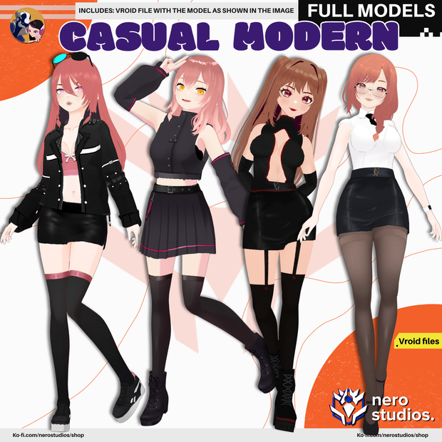 CASUAL MODERN OUTFITS, SEXY DARK GOTH HIGH BOOTS CASUAL URBAN STYLE SCIFI FUTURISTIC, CASUAL WEAR SEXY GIRL SKIRT STOCKINGS (VROID FILES) / カジュアルウェア タイツ ストッキング スカート ハイヒール ジャケット レザー SF