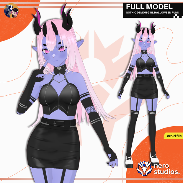 GOTHIC DEMON GIRL HALLOWEEN PUNK COSTUME FULL OUTFIT AND HAIRSTYLE PRESETS FOR VROID TEXTURES (VROID FILE) / ハロウィン サキュバス ゴシック 女の子 ストッキング 網タイツ ヴァンパイア 鬼 角
